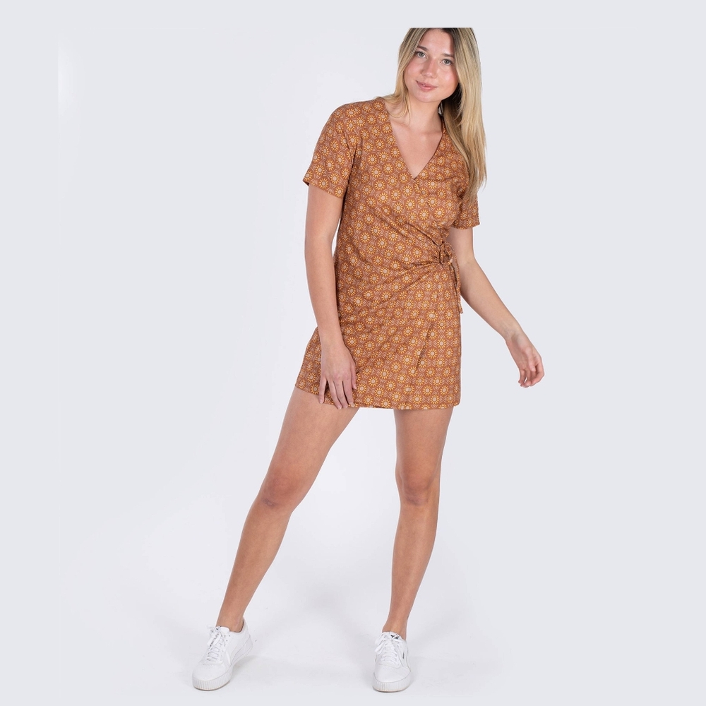 Jetty Geometric Sun Print Drifter Wrap Short Sleeve Linen Blend Mini Dress